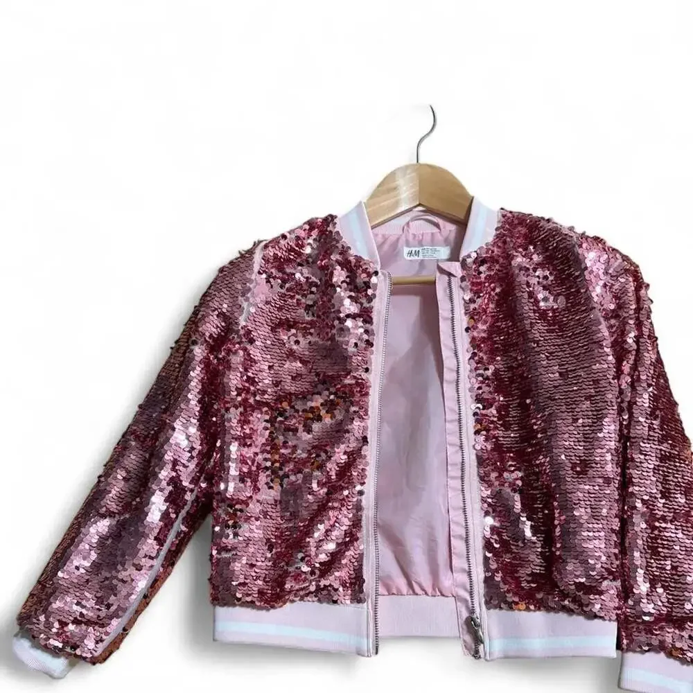 H&M Girls Pink Sequin Unicorn Bomber Jacket Size 7-8Y
